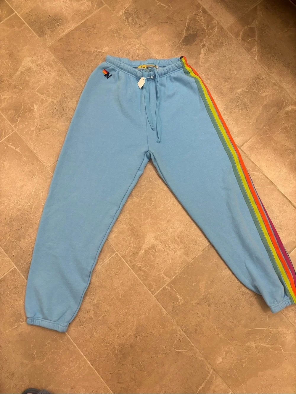 Aviator Nation Light Blue Joggers with Rainbow Side Stripes - Picture 5 of 5
